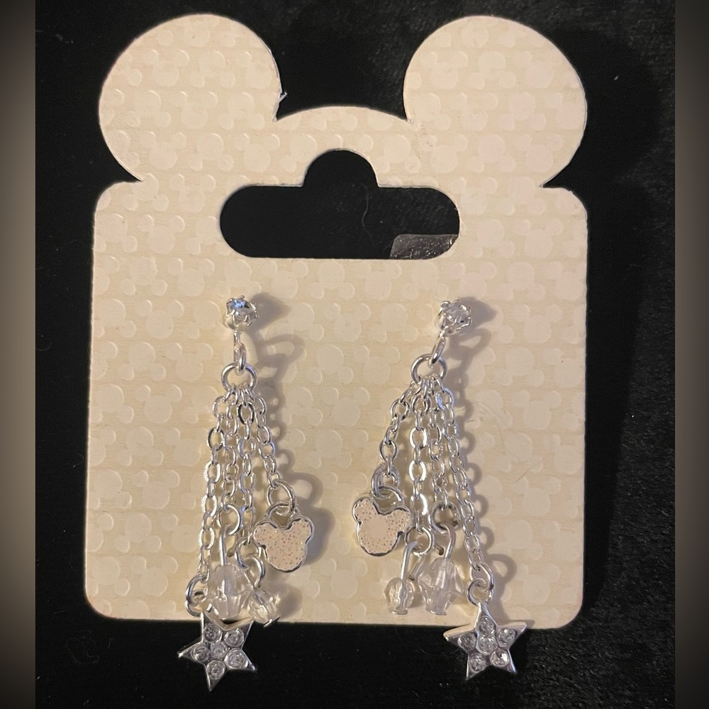 New on Card Disney Parks Silvertone Mickey Head Drop Earrings